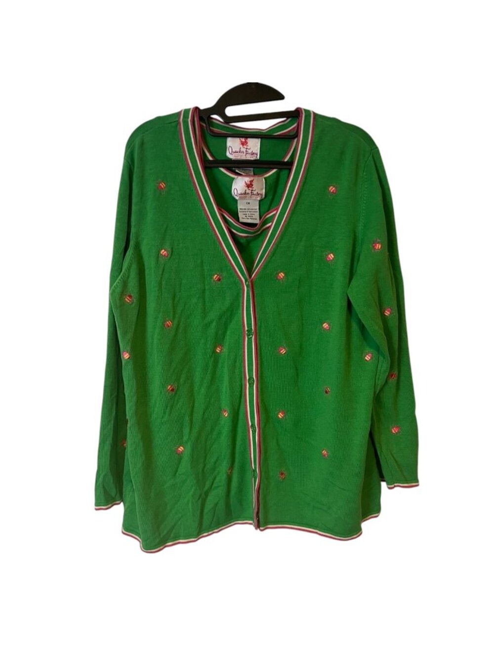 Quaker Factory Two Piece Cardigan Womens 1X Silk Tank Top Green Embroidered